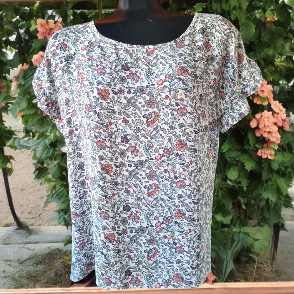 LOFT Mixed Fabric Ruffled Sleeves Butterflies & Floral Print Blouse